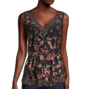 Camilla 'A Girl Like You' Sleeveless Silk Tie-Waist Blouse, Black Multicolor